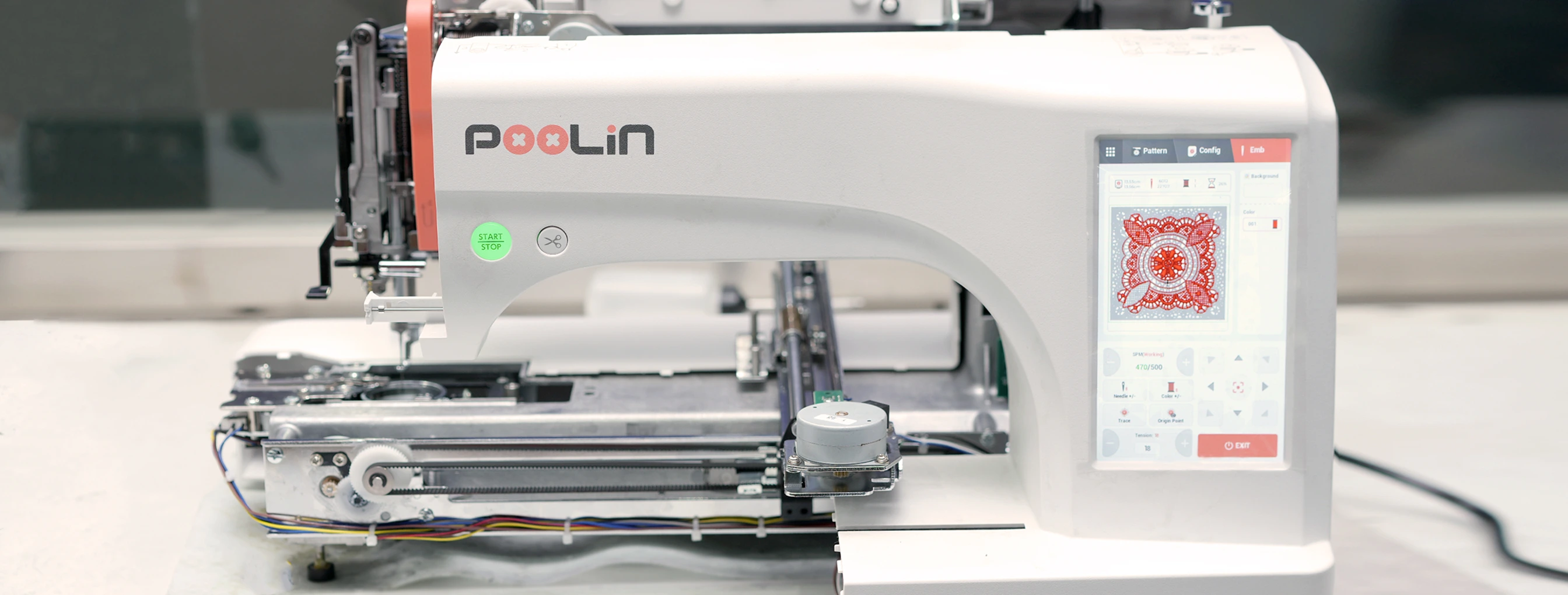 Empty run test on EOC06 embroidery machine before shipping.